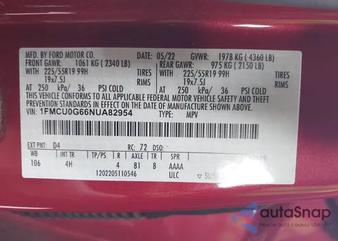 2022 Ford Escape Se z USA, uszkodzony, nr VIN 1FMCU0G66NUA82954